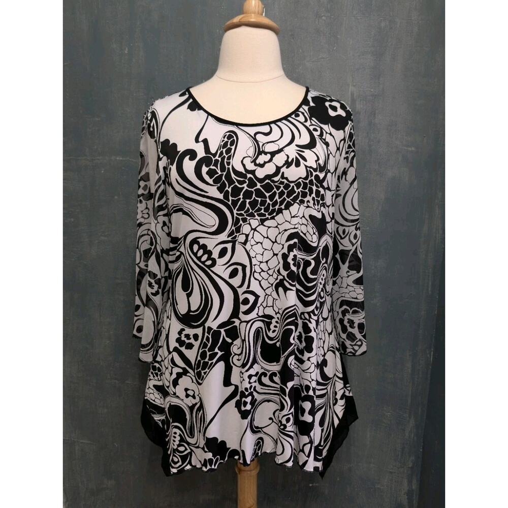 Peter Nygard Black & White Floral Liquid Knit Top Size 2X